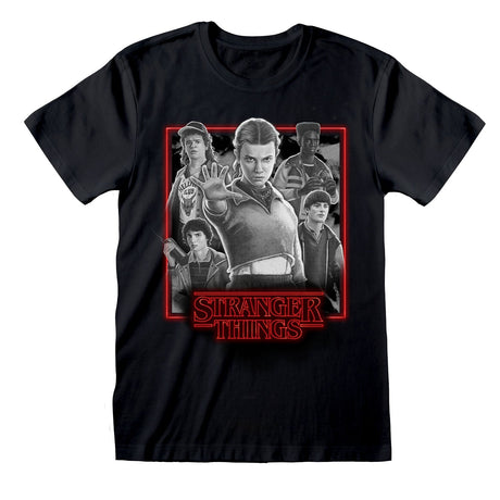 STRANGER THINGS - CHARACTERS IN GLOWING BOX BLACK AND WHITE T-SHIRT