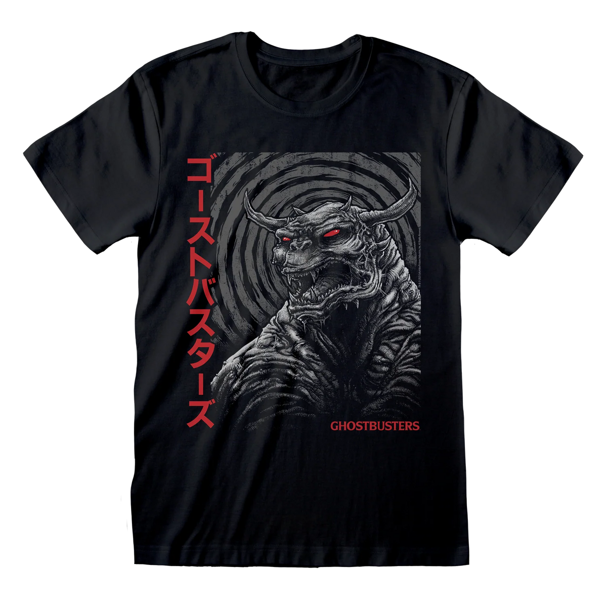 Ghostbusters Japanese Poster – sort T-shirt med monster, røde øjne og japansk tekst