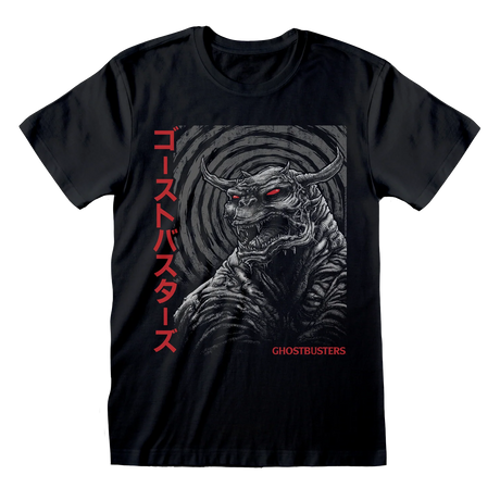 Ghostbusters Japanese Poster – sort T-shirt med monster, røde øjne og japansk tekst
