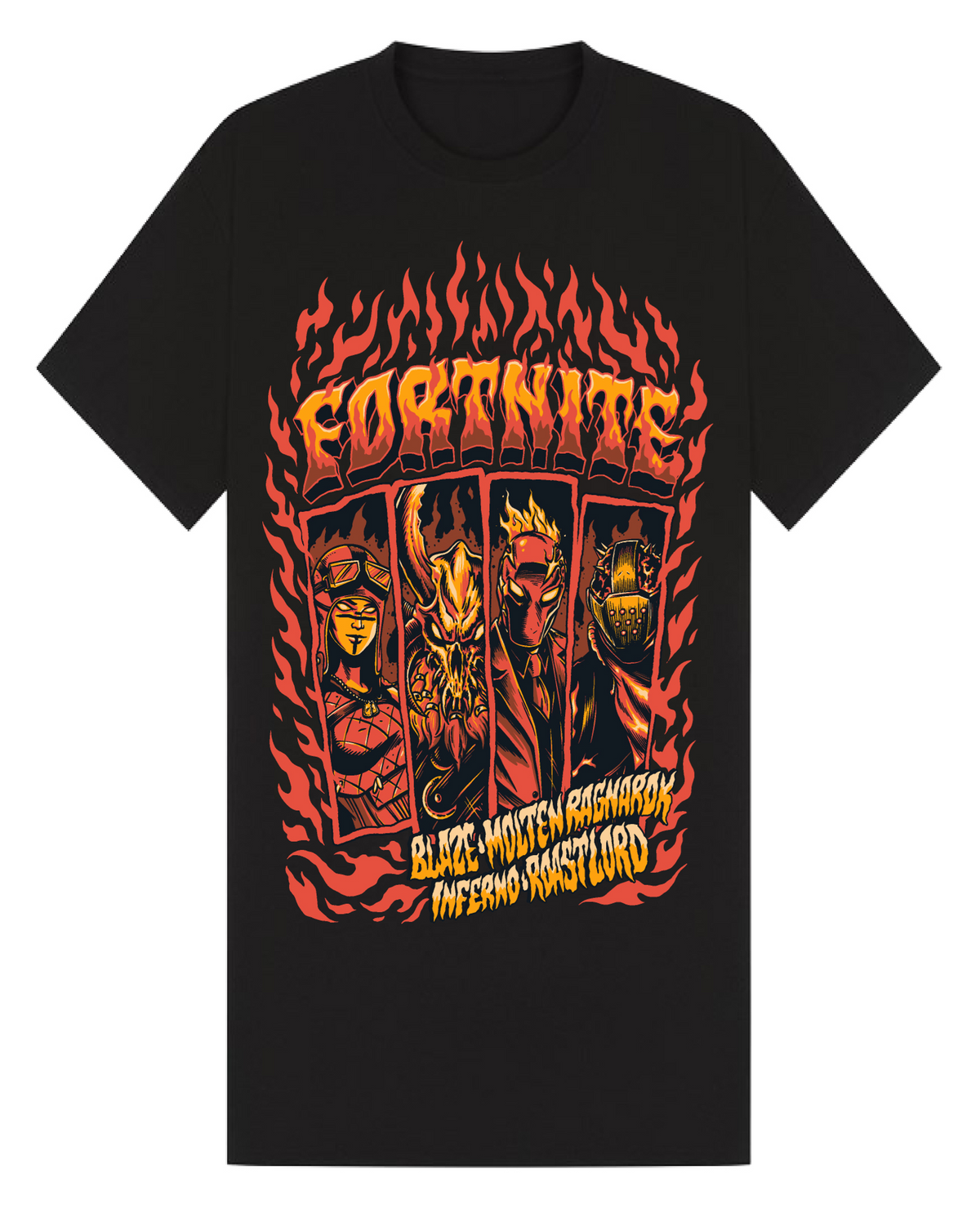 Fortnite Blaze sort T-shirt med orange flammemotiv og Fortnite-figurer – Heroes Inc.