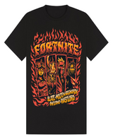 Fortnite Blaze sort T-shirt med orange flammemotiv og Fortnite-figurer – Heroes Inc.