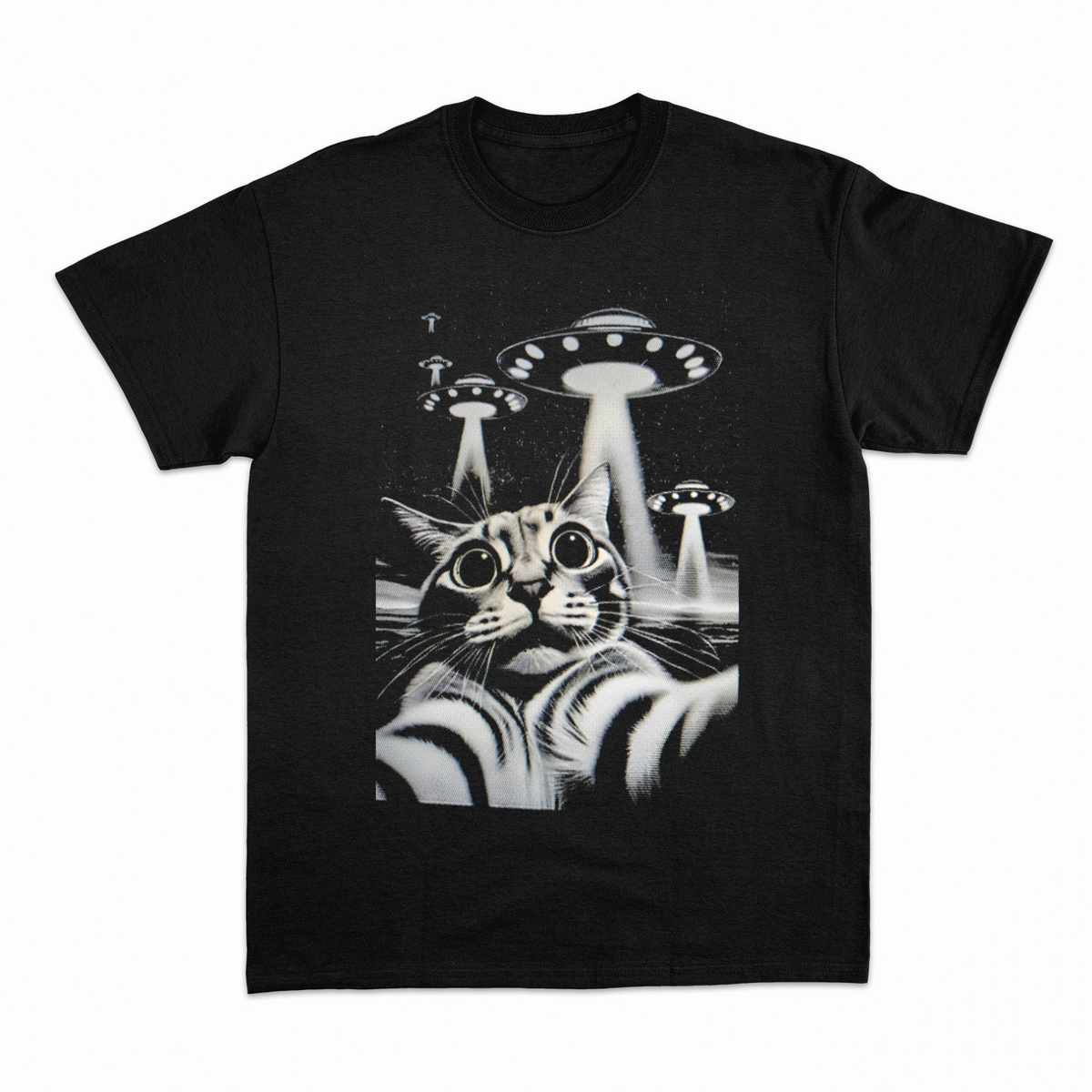 Cat Selfie UFO T-shirt – Sjov Kat & Alien T-shirt