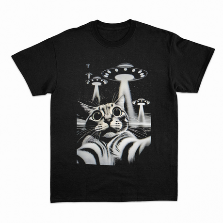 Cat Selfie UFO T-shirt – Sjov Kat & Alien T-shirt